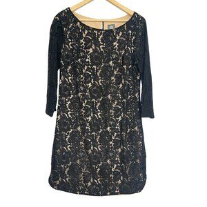 Vince Camuto Lace Overlay Dress Size 12 Black 3/4 Sheer Sleeve Shirttail Hem